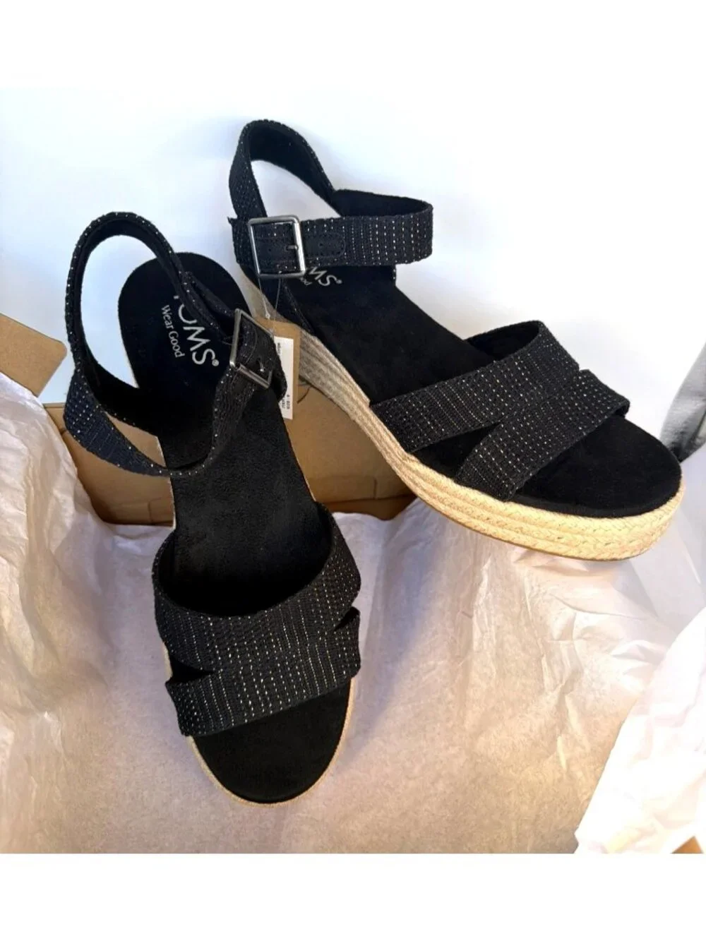 Toms Audrey Espadrilles Ankle Strap Black Metallic Wedges Women Size 9
